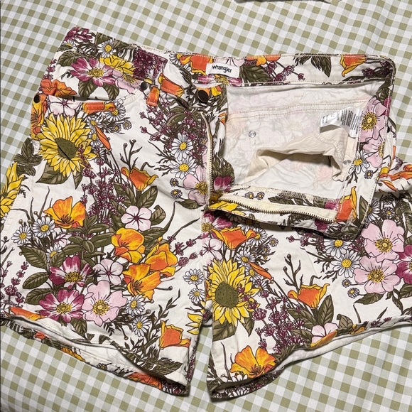 Wrangler Pants - Wrangler White Floral Print Women's Jean Shorts with Yellow & Pink Blooms